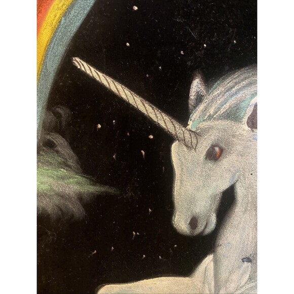 Fantasy unicorn Rainbow Velvet Painting 21 x27" Wood Frame Pegasus Signed - Picture 8 of 16